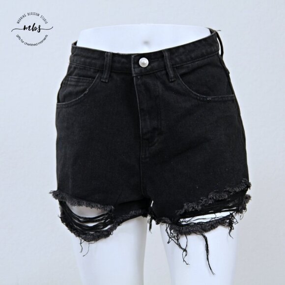 Princess Polly Distressed Denim High Waist Shorts Black Women 4 - Picture 6 of 9